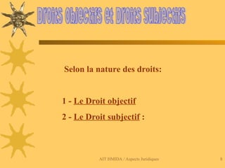 AIT HMIDA / Aspects Juridiques 8
Selon la nature des droits:
1 - Le Droit objectif
2 - Le Droit subjectif :
 