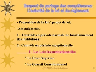 AIT HMIDA / Aspects Juridiques 81
- Proposition de la loi / projet de loi;
-Amendements.
1 – Contrôle en période normale de fonctionnement
des institutions;
2 –Contrôle en période exceptionnelle.
I - Les Lois Inconstitutionnelles
* La Cour Suprême
* Le Conseil Constitutionnel
 