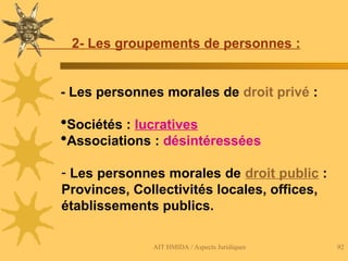 AIT HMIDA / Aspects Juridiques 92
2- Les groupements de personnes :
- Les personnes morales de droit privé :
Sociétés : lucratives
Associations : désintéressées
- Les personnes morales de droit public :
Provinces, Collectivités locales, offices,
établissements publics.
 