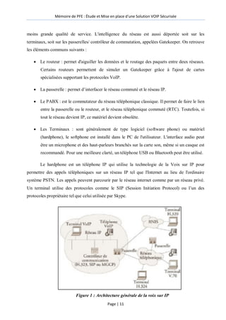 Mémoire de PFE : Étude et Mise en place d'une Solution VOIP Sécurisée
Page | 11
moins grande qualité de service. L'intelligence du réseau est aussi déportée soit sur les
terminaux, soit sur les passerelles/ contrôleur de commutation, appelées Gatekeeper. On retrouve
les éléments communs suivants :
 Le routeur : permet d'aiguiller les données et le routage des paquets entre deux réseaux.
Certains routeurs permettent de simuler un Gatekeeper grâce à l'ajout de cartes
spécialisées supportant les protocoles VoIP.
 La passerelle : permet d’interfacer le réseau commuté et le réseau IP.
 Le PABX : est le commutateur du réseau téléphonique classique. Il permet de faire le lien
entre la passerelle ou le routeur, et le réseau téléphonique commuté (RTC). Toutefois, si
tout le réseau devient IP, ce matériel devient obsolète.
 Les Terminaux : sont généralement de type logiciel (software phone) ou matériel
(hardphone), le softphone est installé dans le PC de l'utilisateur. L'interface audio peut
être un microphone et des haut-parleurs branchés sur la carte son, même si un casque est
recommandé. Pour une meilleure clarté, un téléphone USB ou Bluetooth peut être utilisé.
Le hardphone est un téléphone IP qui utilise la technologie de la Voix sur IP pour
permettre des appels téléphoniques sur un réseau IP tel que l'Internet au lieu de l'ordinaire
système PSTN. Les appels peuvent parcourir par le réseau internet comme par un réseau privé.
Un terminal utilise des protocoles comme le SIP (Session Initiation Protocol) ou l’un des
protocoles propriétaire tel que celui utilisée par Skype.
Figure 1 : Architecture générale de la voix sur IP
 