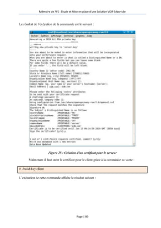 Mémoire de PFE : Étude et Mise en place d'une Solution VOIP Sécurisée
Page | 80
Le résultat de l’exécution de la commande est le suivant :
Figure 25 : Création d’un certificat pour le serveur
Maintenant il faut créer le certificat pour le client grâce à la commande suivante :
# ./build-key client
L’exécution de cette commande affiche le résultat suivant :
 