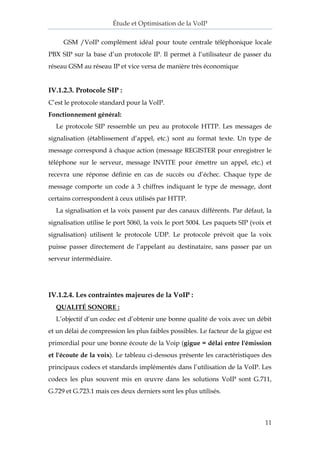 Étude et Optimisation de la VoIP 
11 
GSM /VoIP complément idéal pour toute centrale téléphonique locale PBX SIP sur la base d’un protocole IP. Il permet à l’utilisateur de passer du réseau GSM au réseau IP et vice versa de manière très économique 
IV.1.2.3. Protocole SIP : 
C’est le protocole standard pour la VoIP. 
Fonctionnement général: 
Le protocole SIP ressemble un peu au protocole HTTP. Les messages de signalisation (établissement d’appel, etc.) sont au format texte. Un type de message correspond à chaque action (message REGISTER pour enregistrer le téléphone sur le serveur, message INVITE pour émettre un appel, etc.) et recevra une réponse définie en cas de succès ou d’échec. Chaque type de message comporte un code à 3 chiffres indiquant le type de message, dont certains correspondent à ceux utilisés par HTTP. 
La signalisation et la voix passent par des canaux différents. Par défaut, la signalisation utilise le port 5060, la voix le port 5004. Les paquets SIP (voix et signalisation) utilisent le protocole UDP. Le protocole prévoit que la voix puisse passer directement de l’appelant au destinataire, sans passer par un serveur intermédiaire. 
IV.1.2.4. Les contraintes majeures de la VoIP : 
QUALITÉ SONORE : 
L’objectif d’un codec est d’obtenir une bonne qualité de voix avec un débit et un délai de compression les plus faibles possibles. Le facteur de la gigue est primordial pour une bonne écoute de la Voip (gigue = délai entre l'émission et l'écoute de la voix). Le tableau ci-dessous présente les caractéristiques des principaux codecs et standards implémentés dans l’utilisation de la VoIP. Les codecs les plus souvent mis en oeuvre dans les solutions VoIP sont G.711, G.729 et G.723.1 mais ces deux derniers sont les plus utilisés.  