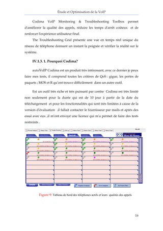 Étude et Optimisation de la VoIP 
16 
Codima VoIP Monitoring & Troubleshooting Toolbox permet d'améliorer la qualité des appels, réduire les temps d'arrêt coûteux et de renforcer l'expérience utilisateur final. 
The Troubleshooting Grid présente une vue en temps réel unique du réseau de téléphone donnant un instant la poignée et vérifier la réalité sur le système. 
IV.1.3. 1. Pourquoi Codima? 
autoVoIP Codima est un produit très intéressant, avec ce dernier je peux faire mes tests, il comprend toutes les critères de QoS : gigue, les pertes de paquets ; MOS et R qu’ont trouve difficilement dans un autre outil. 
Est un outil très riche et très puissant par contre Codima est très limité non seulement pour la durée qui est de 10 jour à partir de la date du téléchargement et pour les fonctionnalités qui sont très limitées à cause de la version d’évaluation .il fallait contacter le fournisseur par mails et après des essai avec eux ,il m’ont envoyé une licence qui m’a permet de faire des tests restreints . 
Figure 9: Tableau de bord des téléphones actifs et leurs qualités des appels 
 