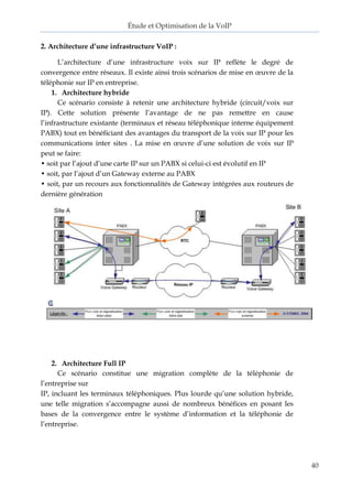 Étude et Optimisation de la VoIP 
40 
2. Architecture d’une infrastructure VoIP : 
L’architecture d’une infrastructure voix sur IP reflète le degré de 
convergence entre réseaux. Il existe ainsi trois scénarios de mise en oeuvre de la 
téléphonie sur IP en entreprise. 
1. Architecture hybride 
Ce scénario consiste à retenir une architecture hybride (circuit/voix sur 
IP). Cette solution présente l’avantage de ne pas remettre en cause 
l’infrastructure existante (terminaux et réseau téléphonique interne équipement 
PABX) tout en bénéficiant des avantages du transport de la voix sur IP pour les 
communications inter sites . La mise en oeuvre d’une solution de voix sur IP 
peut se faire: 
• soit par l’ajout d’une carte IP sur un PABX si celui-ci est évolutif en IP 
• soit, par l’ajout d’un Gateway externe au PABX 
• soit, par un recours aux fonctionnalités de Gateway intégrées aux routeurs de 
dernière génération 
2. Architecture Full IP 
Ce scénario constitue une migration complète de la téléphonie de 
l’entreprise sur 
IP, incluant les terminaux téléphoniques. Plus lourde qu’une solution hybride, 
une telle migration s’accompagne aussi de nombreux bénéfices en posant les 
bases de la convergence entre le système d’information et la téléphonie de 
l’entreprise. 
 