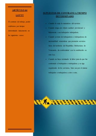 SUPUESTOS DE CONTRATO A TIEMPO
DETERMINADO
ARTÍCULO 64
LOTTT
El contrato de trabajo, podrá
celebrarse por tiempo
determinado únicamente en
los siguientes casos:
 Cuando lo exija la naturaleza del servicio.
 Cuando tenga por objeto sustituir provisional y
lícitamente a un trabajador trabajadora.
 Cuando se trate de trabajadores o trabajadoras de
nacionalidad venezolana que prestarán servicios
fuera del territorio del República Bolivariana de
Venezuela, de conformidad con lo establecido en
esta Ley.
 Cuando no haya terminado la labor para la que fue
contratado el trabajador o trabajadora y se siga
requiriendo de los servicios, bien sea por el mismo
trabajador o trabajadora u otro o otra.
 