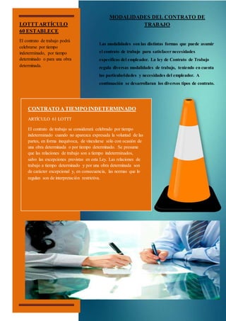 LOTTT ARTÍCULO
60 ESTABLECE
El contrato de trabajo podrá
celebrarse por tiempo
indeterminado, por tiempo
determinado o para una obra
determinada.
MODALIDADES DEL CONTRATO DE
TRABAJO
Las modalidades son las distintas formas que puede asumir
el contrato de trabajo para satisfacer necesidades
específicas del empleador. La ley de Contrato de Trabajo
regula diversas modalidades de trabajo, teniendo en cuenta
las particularidades y necesidades del empleador. A
continuación se desarrollaran los diversos tipos de contrato.
CONTRATO A TIEMPO INDETERMINADO
ARTÍCULO 61 LOTTT
El contrato de trabajo se considerará celebrado por tiempo
indeterminado cuando no aparezca expresada la voluntad de las
partes, en forma inequívoca, de vincularse sólo con ocasión de
una obra determinada o por tiempo determinado. Se presume
que las relaciones de trabajo son a tiempo indeterminados,
salvo las excepciones previstas en esta Ley. Las relaciones de
trabajo a tiempo determinado y por una obra determinada son
de carácter excepcional y, en consecuencia, las normas que lo
regulan son de interpretación restrictiva.
 