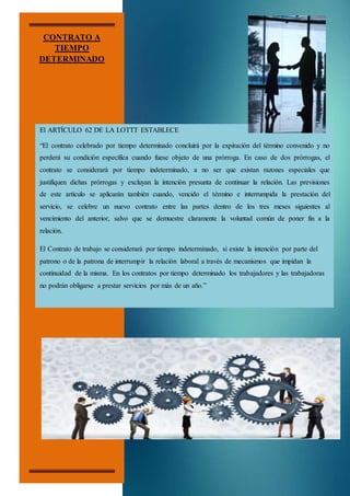 CONTRATO A
TIEMPO
DETERMINADO
El ARTÍCULO 62 DE LA LOTTT ESTABLECE
“El contrato celebrado por tiempo determinado concluirá por la expiración del término convenido y no
perderá su condición específica cuando fuese objeto de una prórroga. En caso de dos prórrogas, el
contrato se considerará por tiempo indeterminado, a no ser que existan razones especiales que
justifiquen dichas prórrogas y excluyan la intención presunta de continuar la relación. Las previsiones
de este artículo se aplicarán también cuando, vencido el término e interrumpida la prestación del
servicio, se celebre un nuevo contrato entre las partes dentro de los tres meses siguientes al
vencimiento del anterior, salvo que se demuestre claramente la voluntad común de poner fin a la
relación.
El Contrato de trabajo se considerará por tiempo indeterminado, si existe la intención por parte del
patrono o de la patrona de interrumpir la relación laboral a través de mecanismos que impidan la
continuidad de la misma. En los contratos por tiempo determinado los trabajadores y las trabajadoras
no podrán obligarse a prestar servicios por más de un año.”
 