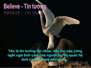 Yêu là tin tưởng lẫn nhau, nếu lúc nào cũng nghi ngờ tình cảm của người ấy, thì quan hệ tình cảm khó mà bền vững.  