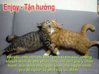 Khi yêu, chớ nên chỉ biết "vạch lá tìm sâu" những khuyết điểm để phê phán nhau, mà nên góp ý chân thành, biết dành những lời khen cho người mình yêu để người ấy phát huy ưu điểm.  