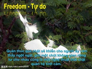 Quản thúc quá chặt sẽ khiến cho người ấy cảm thấy ngột ngạt, giữ một chút không gian riêng tư cho nhau cũng là một nghệ thuật thắt chặt quan hệ tình cảm.  