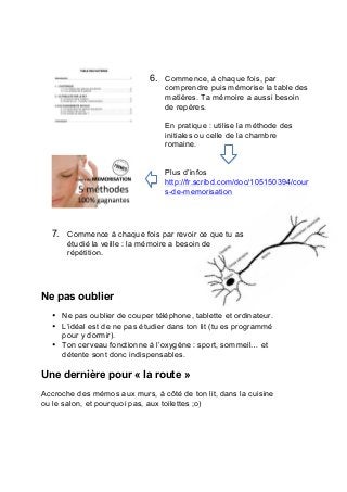 6. Commence, à chaque fois, par
comprendre puis mémorise la table des
matières. Ta mémoire a aussi besoin
de repères.
En pratique : utilise la méthode des
initiales ou celle de la chambre
romaine.
Plus d’infos
http://fr.scribd.com/doc/105150394/cour
s-de-memorisation
7. Commence à chaque fois par revoir ce que tu as
étudié la veille : la mémoire a besoin de
répétition.
	
  
	
  
	
  
	
  
Ne pas oublier
	
  
• Ne pas oublier de couper téléphone, tablette et ordinateur.
• L’idéal est de ne pas étudier dans ton lit (tu es programmé
pour y dormir).
• Ton cerveau fonctionne à l’oxygène : sport, sommeil… et
détente sont donc indispensables.
Une dernière pour « la route »
	
  
Accroche des mémos aux murs, à côté de ton lit, dans la cuisine
ou le salon, et pourquoi pas, aux toilettes ;o)
 