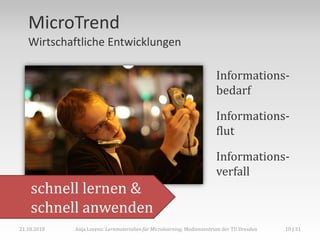 MicroTrend
   Wirtschaftliche Entwicklungen

                                                                       Informations-
                                                                       bedarf

                                                                       Informations-
                                                                       flut

                                                                       Informations-
                                                                       verfall
    schnell lernen &
    schnell anwenden
21.10.2010   Anja Lorenz: Lernmaterialien für Microlearning, Medienzentrum der TU Dresden   10 | 31
 