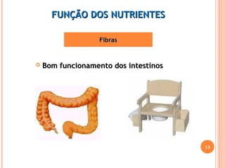 FFUUNNÇÇÃÃOO DDOOSS NNUUTTRRIIEENNTTEESS 
FFiibbrraass 
 BBoomm ffuunncciioonnaammeennttoo ddooss iinntteessttiinnooss 
13 
 