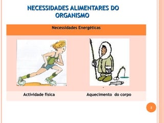 NNEECCEESSSSIIDDAADDEESS AALLIIMMEENNTTAARREESS DDOO 
OORRGGAANNIISSMMOO 
NNeecceessssiiddaaddeess EEnneerrggééttiiccaass 
. 
AAccttiivviiddaaddee ffííssiiccaa AAqquueecciimmeennttoo ddoo ccoorrppoo 
3 
 