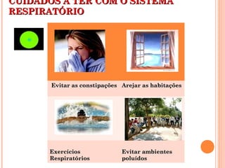 CUIDADOS AA TTEERR CCOOMM OO SSIISSTTEEMMAA 
RREESSPPIIRRAATTÓÓRRIIOO 
EEvviittaarr aass ccoonnssttiippaaççõõeess AArreejjaarr aass hhaabbiittaaççõõeess 
EExxeerrccíícciiooss 
RReessppiirraattóórriiooss 
EEvviittaarr aammbbiieenntteess 
ppoolluuííddooss 
 