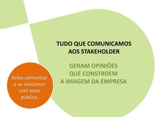 TUDO QUE COMUNICAMOS
                      AOS STAKEHOLDER

                      GERAM OPINIÕES
                      QUE CONSTROEM
Saiba comunicar
 e se relacionar   A IMAGEM DA EMPRESA
    com estes
     público.
 