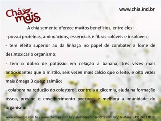 www.chia.ind.br


             A chia semente oferece muitos benefícios, entre eles:
- possui proteínas, aminoácidos, essenciais e fibras solúveis e insolúveis;
- tem efeito superior ao da linhaça no papel de combater a fome de
desintoxicar o organismo;
- tem o dobro de potássio em relação à banana, três vezes mais
antioxidantes que o mirtilo, seis vezes mais cálcio que o leite, e oito vezes
mais ômega 3 que o salmão;
- colabora na redução do colesterol, controla a glicemia, ajuda na formação
óssea, previne o envelhecimento precoce, e melhora a imunidade do
organismo.
www.econatuz.com.br / www.chamais.com.br / atendimento@botta.com.br / Telefone: (49) 3433.0100
 