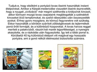 Tudjuk-e, hogy elsőként a portyázó lovas őseink használtak instant ételporokat. Amikor a Kárpát-medencébe visszatért őseink észrevették, hogy a nyugati „civilizáció” már megint széthordta a királysírok kincseit, akkor könnyen mozgó lovas csapataink meglátogatták a szétrablott kincseket őrző templomokat, és szelíd rábeszélés után összeszedték azokat. Ehhez gyors mozgásra, és könnyű fegyverekre volt szükség. Ekkor használták a bőrökön szárított zöldséglevesek és tejtermékek porrá őrölt formáját, ás a különböző húsporokat. A lovas harcos reggel merített a patakvízből, rászórt két marék tejporféleséget, a nyeregre akasztotta, és a rázkódás után fogyasztotta. Így tett a többi porral is. Körülbelül 40 kg különböző ételport vitt magával egy hosszabb portyára, ami a gond nélküli élelmezést biztosította számára. 