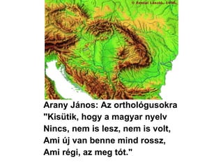 Arany János: Az orthológusokra  "Kisütik, hogy a magyar nyelv Nincs, nem is lesz, nem is volt, Ami új van benne mind rossz, Ami régi, az meg tót." 