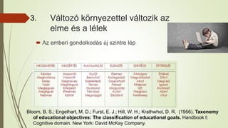 Változó környezettel változik az
elme és a lélek
 Az emberi gondolkodás új szintre lép
3.
Bloom, B. S.; Engelhart, M. D.; Furst, E. J.; Hill, W. H.; Krathwhol, D. R. (1956). Taxonomy
of educational objectives: The classification of educational goals. Handbook I:
Cognitive domain. New York: David McKay Company.
 