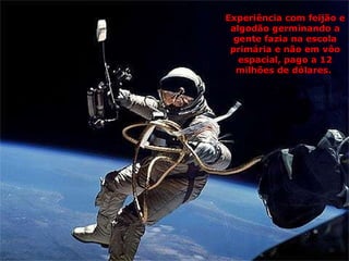 Experiência com feijão e algodão germinando a gente fazia na escola primária e não em vôo espacial, pago a 12 milhões de dólares.   
