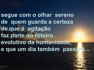 segue com o olhar sereno
de quem guarda a certeza
de que a agitação
faz parte do roteiro
evolutivo da humanidade,
e que um dia também passará...
 