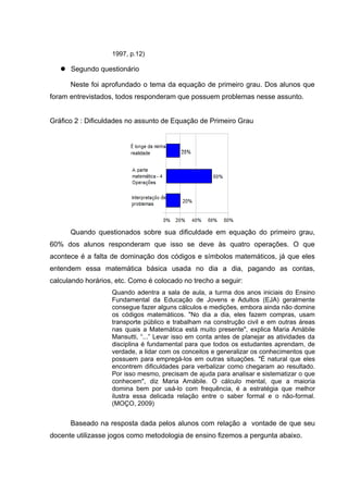 1997, p.12)

    Segundo questionário

      Neste foi aprofundado o tema da equação de primeiro grau. Dos alunos que
foram entrevistados, todos responderam que possuem problemas nesse assunto.


Gráfico 2 : Dificuldades no assunto de Equação de Primeiro Grau




      Quando questionados sobre sua dificuldade em equação do primeiro grau,
60% dos alunos responderam que isso se deve às quatro operações. O que
acontece é a falta de dominação dos códigos e símbolos matemáticos, já que eles
entendem essa matemática básica usada no dia a dia, pagando as contas,
calculando horários, etc. Como é colocado no trecho a seguir:
                   Quando adentra a sala de aula, a turma dos anos iniciais do Ensino
                   Fundamental da Educação de Jovens e Adultos (EJA) geralmente
                   consegue fazer alguns cálculos e medições, embora ainda não domine
                   os códigos matemáticos. "No dia a dia, eles fazem compras, usam
                   transporte público e trabalham na construção civil e em outras áreas
                   nas quais a Matemática está muito presente", explica Maria Amábile
                   Mansutti, “...” Levar isso em conta antes de planejar as atividades da
                   disciplina é fundamental para que todos os estudantes aprendam, de
                   verdade, a lidar com os conceitos e generalizar os conhecimentos que
                   possuem para empregá-los em outras situações. "É natural que eles
                   encontrem dificuldades para verbalizar como chegaram ao resultado.
                   Por isso mesmo, precisam de ajuda para analisar e sistematizar o que
                   conhecem", diz Maria Amábile. O cálculo mental, que a maioria
                   domina bem por usá-lo com frequência, é a estratégia que melhor
                   ilustra essa delicada relação entre o saber formal e o não-formal.
                   (MOÇO, 2009)


      Baseado na resposta dada pelos alunos com relação a vontade de que seu
docente utilizasse jogos como metodologia de ensino fizemos a pergunta abaixo.
 