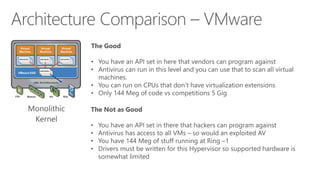 The Good
• You have an API set in here that vendors can program against
• Antivirus can run in this level and you can use that to scan all virtual
machines.
• You can run on CPUs that don’t have virtualization extensions
• Only 144 Meg of code vs competitions 5 Gig
The Not as Good
•
•
•
•

You have an API set in there that hackers can program against
Antivirus has access to all VMs – so would an exploited AV
You have 144 Meg of stuff running at Ring –1
Drivers must be written for this Hypervisor so supported hardware is
somewhat limited

 