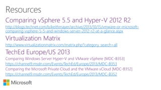 http://blogs.technet.com/b/keithmayer/archive/2013/10/15/vmware-or-microsoftcomparing-vsphere-5-5-and-windows-server-2012-r2-at-a-glance.aspx

http://www.virtualizationmatrix.com/matrix.php?category_search=all

https://channel9.msdn.com/Events/TechEd/Europe/2013/MDC-B353
https://channel9.msdn.com/Events/TechEd/Europe/2013/MDC-B352

 