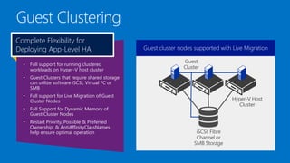 Complete Flexibility for
Deploying App-Level HA
•

Full support for running clustered
workloads on Hyper-V host cluster

•

Guest Clusters that require shared storage
can utilize software iSCSI, Virtual FC or
SMB

•

Full support for Live Migration of Guest
Cluster Nodes

•

Full Support for Dynamic Memory of
Guest Cluster Nodes

•

Restart Priority, Possible & Preferred
Ownership, & AntiAffinityClassNames
help ensure optimal operation

Guest Cluster running on a Hyper-V Cluster
node supported with Live Migration
Guest cluster nodesrestarts on physical host failure

 