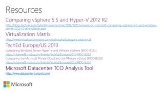 http://blogs.technet.com/b/keithmayer/archive/2013/10/15/vmware-or-microsoft-comparing-vsphere-5-5-and-windowsserver-2012-r2-at-a-glance.aspx
http://www.virtualizationmatrix.com/matrix.php?category_search=all

https://channel9.msdn.com/Events/TechEd/Europe/2013/MDC-B353
https://channel9.msdn.com/Events/TechEd/Europe/2013/MDC-B352
http://www.datacentertcotool.com/

 