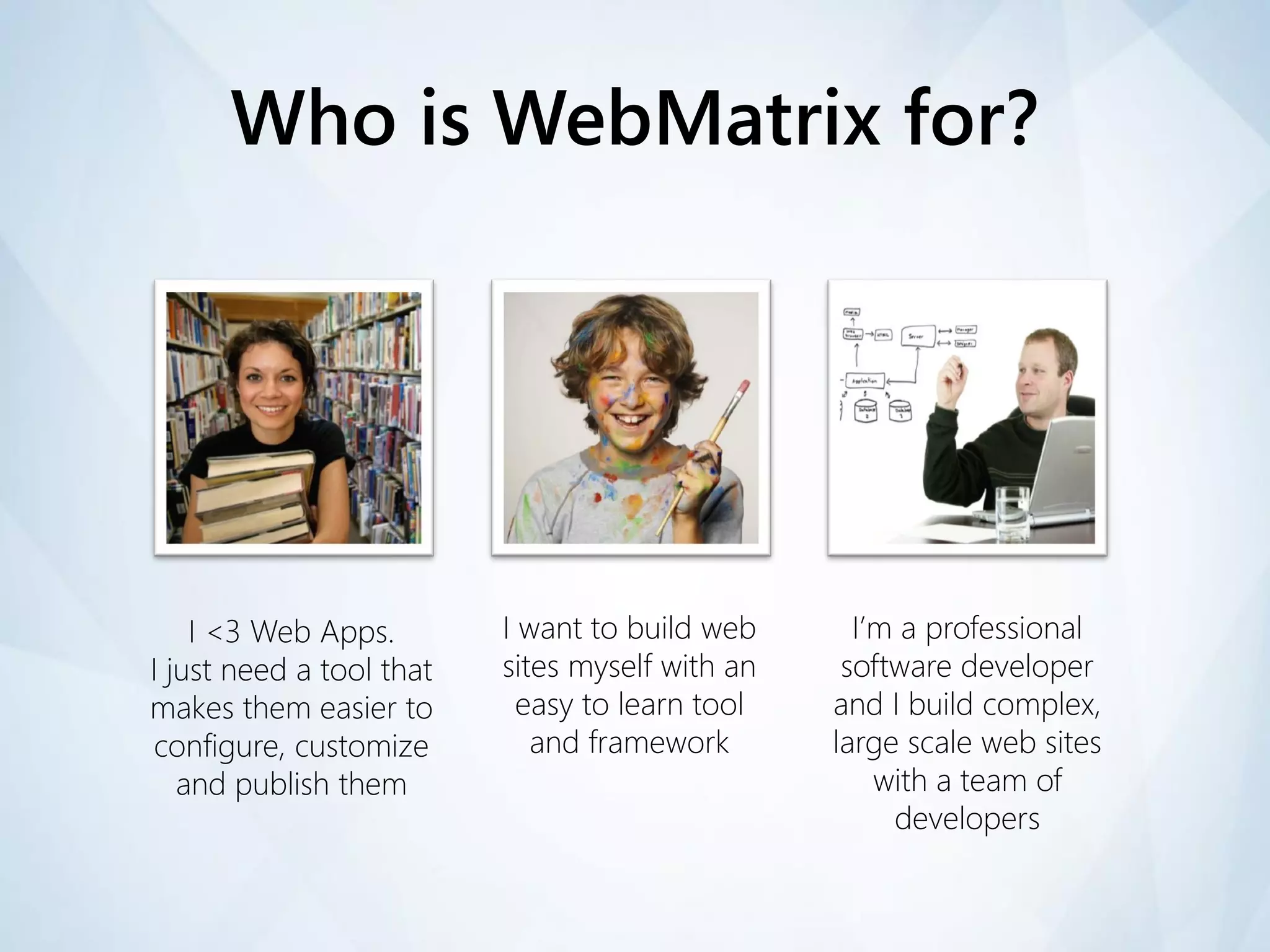 Who is WebMatrix for?




    I <3 Web Apps.        I want to build web      I’m a professional
I just need a tool that   sites myself with an    software developer
makes them easier to        easy to learn tool   and I build complex,
configure, customize         and framework       large scale web sites
   and publish them                                  with a team of
                                                      developers
 