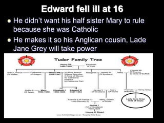 Edward fell ill at 16
 He didn’t want his half sister Mary to rule
because she was Catholic
 He makes it so his Anglican cousin, Lade
Jane Grey will take power
 