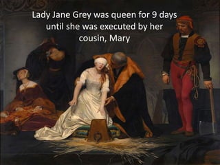 Lady Jane Grey was queen for 9 days
until she was executed by her
cousin, Mary
 