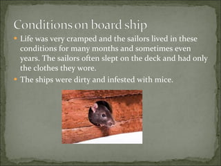 Life was very cramped and the sailors lived in these conditions for many months and sometimes even years. The sailors often slept on the deck and had only the clothes they wore. The ships were dirty and infested with mice. 