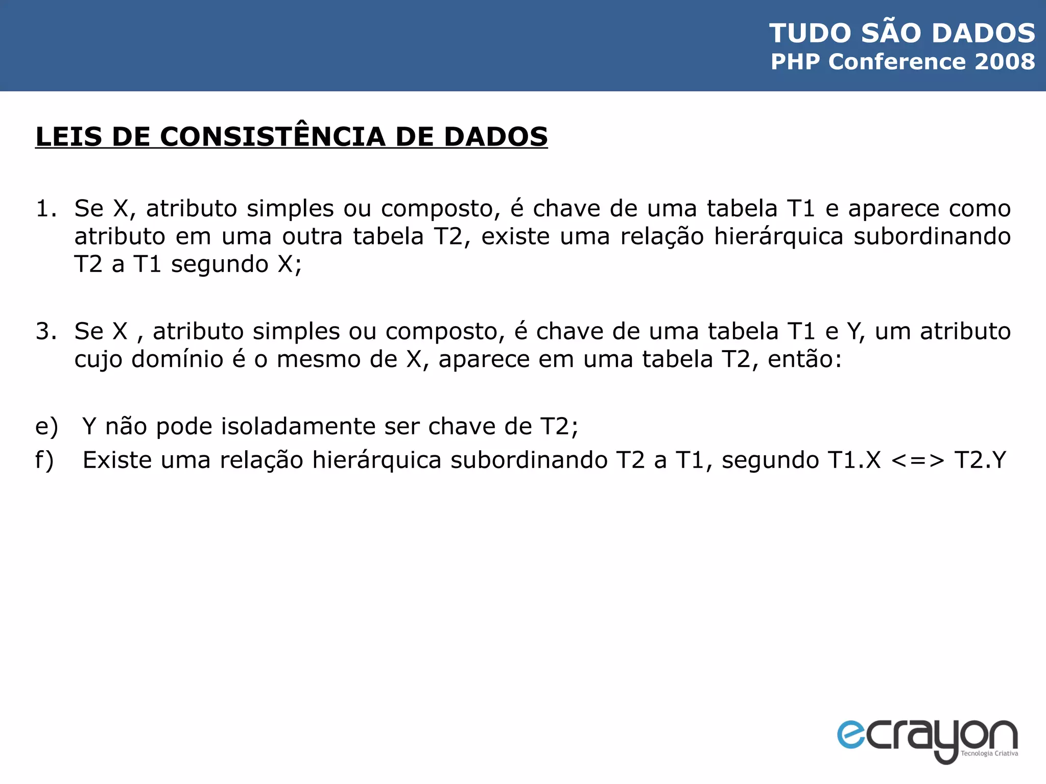 LEIS DE CONSISTÊNCIA DE DADOS Se X, atributo simples ou composto, é chave de uma tabela T1 e aparece como atributo em uma outra tabela T2, existe uma relação hierárquica subordinando T2 a T1 segundo X; Se X , atributo simples ou composto, é chave de uma tabela T1 e Y, um atributo cujo domínio é o mesmo de X, aparece em uma tabela T2, então: Y não pode isoladamente ser chave de T2; Existe uma relação hierárquica subordinando T2 a T1, segundo T1.X <=> T2.Y 