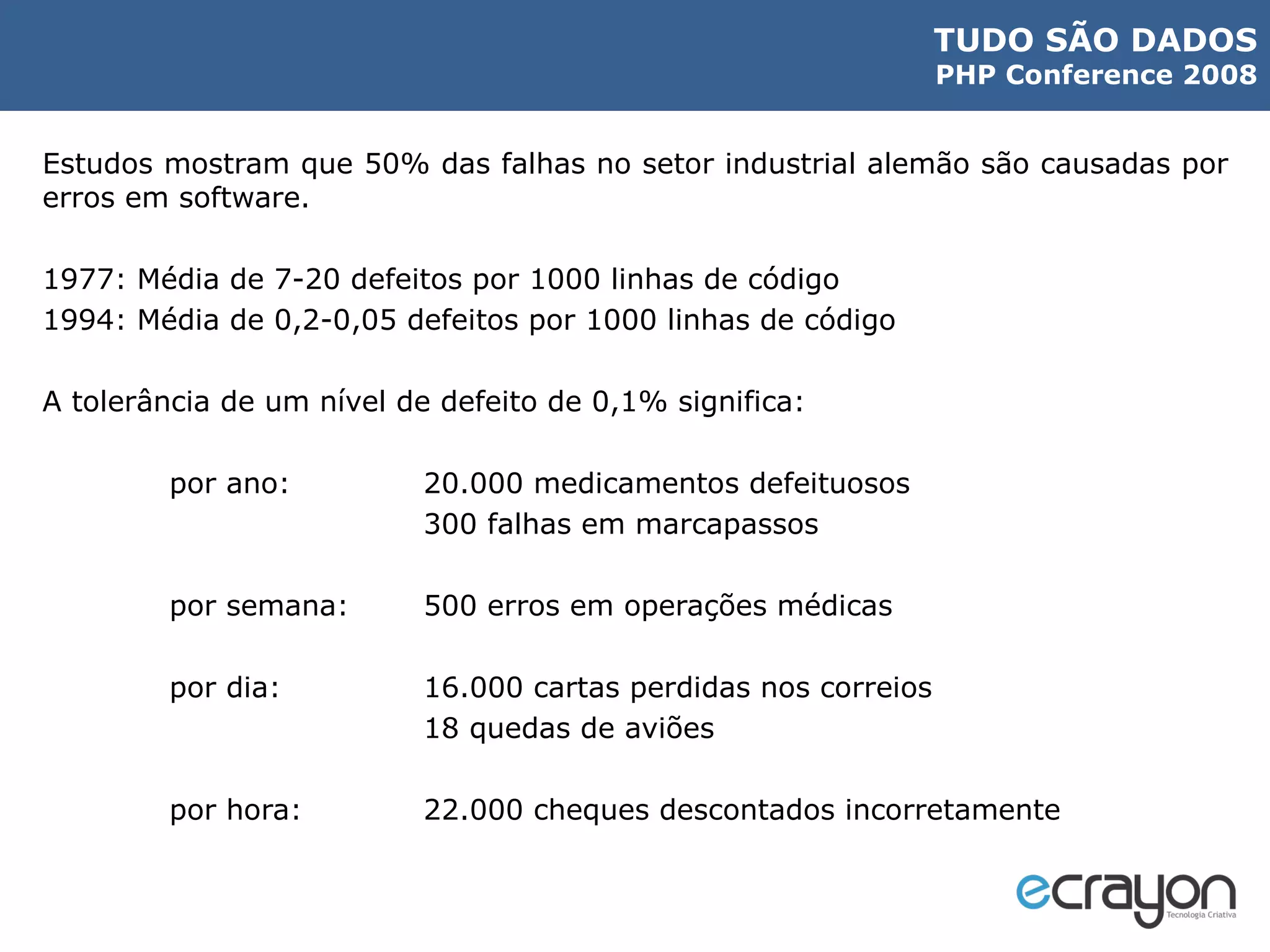 Estudos mostram que 50% das falhas no setor industrial alemão são causadas por erros em software. 1977: Média de 7-20 defeitos por 1000 linhas de código 1994: Média de 0,2-0,05 defeitos por 1000 linhas de código A tolerância de um nível de defeito de 0,1% significa: por ano: 20.000 medicamentos defeituosos 300 falhas em marcapassos por semana: 500 erros em operações médicas por dia: 16.000 cartas perdidas nos correios 18 quedas de aviões por hora: 22.000 cheques descontados incorretamente 