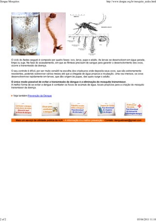 O ciclo do Aedes aegypti é composto por quatro fases: ovo, larva, pupa e adulto. As larvas se desenvolvem em água parada,
limpa ou suja. Na fase do acasalamento, em que as fêmeas precisam de sangue para garantir o desenvolvimento dos ovos,
ocorre a transmissão da doença.
O seu controle é difícil, por ser muito versátil na escolha dos criadouros onde deposita seus ovos, que são extremamente
resistentes, podendo sobreviver vários meses até que a chegada de água propicia a incubação. Uma vez imersos, os ovos
desenvolvem-se rapidamente em larvas, que dão origem às pupas, das quais surge o adulto.
O único modo possível de evitar a transmissão da dengue é a eliminação do mosquito transmissor.
A melhor forma de se evitar a dengue é combater os focos de acúmulo de água, locais propícios para a criação do mosquito
transmissor da doença.
Veja também Prevenção da Dengue
Dengue Mosquitos http://www.dengue.org.br/mosquito_aedes.html
2 of 2 05/04/2011 11:10
 