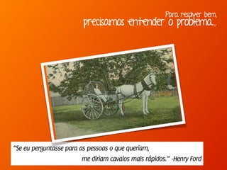 Para resolver bem,
precisamos entender o problema...
“Se eu perguntasse para as pessoas o que queriam,
me diriam cavalos mais rápidos.” -Henry Ford
 