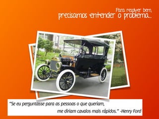 Para resolver bem,
precisamos entender o problema...
“Se eu perguntasse para as pessoas o que queriam,
me diriam cavalos mais rápidos.” -Henry Ford
 