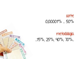 metodologia 
sorte 
...15%, 25%, 40%, 70%... 
0,00001% ... 50% 
 