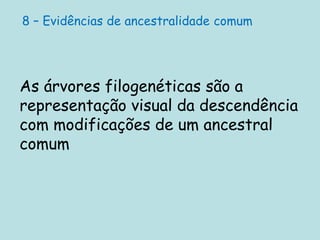 8 – Evidências de ancestralidade comum
As árvores filogenéticas são a
representação visual da descendência
com modificações de um ancestral
comum
 