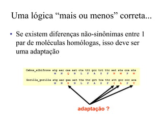 Uma lógica “mais ou menos” correta...
• Se existem diferenças não-sinônimas entre 1
par de moléculas homólogas, isso deve ser
uma adaptação
Cebus_albifrons atg aac caa aat cta ttt gcc tct ttc aat ata cca ata
M N Q N L F A S F N M P M
Gorilla_gorilla atg aac gaa aat tta ttc gct tca ttc att gcc ccc aca
M N E N L F A S F I A P T
adaptação ?
 