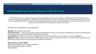 FRAMEWORKS PARA DAR FEEDBACKS CONSTRUTIVOS
"Na reunião de time ontem, você ficou muito pouco atento à apresentação do Lucas, e por isso fez dois comentários que não eram pertinentes para o
momento, pois não estava acompanhando o andamento da conversa. Isso pode dar aos outros a impressão de que você não está levando a sério a reunião, e
minar sua credibilidade. Quando estiver nessas reuniões, considere prestar atenção a todos os assuntos discutidos, e não fazer nenhum comentário se, por
algum motivo, estiver distraído e achar que pode ter perdido o fio da meada.“
Vamos quebrar esse feedback em seus componentes?
Situação: "Na reunião de time ontem"
Comportamento: "... você ficou muito pouco atento à apresentação do Lucas, e por isso fez dois comentários que não eram pertinentes para
o momento pois não estava acompanhando o andamento da conversa."
Consequência: "Isso pode dar aos outros a impressão de que você não está levando a sério a reunião, e minar sua credibilidade."
Sugestão: "Quando estiver nessas reuniões, considere prestar atenção a todos os assuntos discutidos, e não fazer nenhum comentário se, por
algum motivo, estiver distraído e achar que pode ter perdido o fio da meada.“
Dicas práticas de uso do SCCS:
Quando usar: sempre. Ele é o framework mais flexível.
Prós: Serve para qualquer tipo de situação.
Contras: Nenhum.
 
