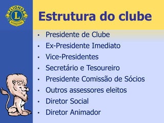 • Presidente de Clube
• Ex-Presidente Imediato
• Vice-Presidentes
• Secretário e Tesoureiro
• Presidente Comissão de Sócios
• Outros assessores eleitos
• Diretor Social
• Diretor Animador
Estrutura do clube
 