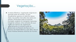 Vegetação...
 A Mata Atlântica, vegetação original em
grande parte do estado, ocupa
atualmente apenas um décimo dessa
área, nas partes mais altas das serras do
estado. Produzidos pela ocupação
humana, surgiram os mangues e grandes
áreas de campos. Uma amostra do que
existia em termos de vegetação
originalmente no estado pode ser
observado na Floresta da Tijuca e no
Maciço da Pedra Branca, que alias, são as
duas maiores florestas urbanas do mundo.
 