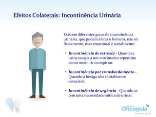 Existem diferentes graus de incontinência
urinária, que podem afetar o homem, não só
fisicamente, mas emocional e socialmente:
• Incontinência de estresse - Quando a
urina escapa a um movimento repentino
como tossir, rir ou espirrar.
• Incontinência por transbordamento -
Quando a bexiga não é totalmente
esvaziada.
• Incontinência de urgência - Quando se
tem uma necessidade súbita de urinar.
Efeitos Colaterais: Incontinência Urinária
 