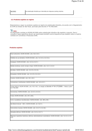 38/2002 de substituição tributária por intermédio de máquinas vending machine.
13. Produtos sujeitos ao regime
Relacionamos a seguir os produtos sujeitos ao regime de substituição tributária, de acordo com o Regulamento
do ICMS do Estado de São Paulo, aprovado pelo Decreto nº 45.490/2000 .
Nota
As disposições contidas no RICMS-SP/2000 sobre substituição tributária não esgotam o assunto. Para a
consulta a casos específicos devem ser examinados também outros dispositivos que dispõem sobre a matéria
contidos em Convênios e Protocolos ICMS.
Produtos sujeitos
Álcool carburante ( RICMS-SP/2000 , arts. 418 e 419 )
Artefatos de uso doméstico ( RICMS-SP/2000 , arts. 313-Z15 e 313-Z16 )
Autopeças ( RICMS-SP/2000 , arts. 313-O e 313-P )
Bebidas alcoólicas, exceto cerveja e chope ( RICMS-SP/2000 , arts. 313-C e 313-D
Bicicletas ( RICMS-SP/2000 , arts. 313-Z5 e 313-Z6 )
Brinquedos ( RICMS-SP/2000 , arts. 313-Z9 e 313-Z10 )
Cimento ( RICMS-SP/2000 , arts. 291 e 292 )
Combustíveis e lubrificantes ( RICMS-SP/2000 , arts. 412 a 417 )
Energia elétrica ( RICMS-SP/2000 , arts. 425 e 426 , na redação do Decreto nº 54.177/2009 ) - Efeitos a partir
de 1º.06.2009
Ferramentas ( RICMS-SP/2000 , arts. 313-Z3 e 313-Z4 )
Frutas ( RICMS-SP/2000 , arts. 297 e 298 )
Fumo e sucedâneos manufaturados ( RICMS-SP/2000 , arts. 289 e 290 )
Gás Natural Veicular - GNV- ( RICMS-SP/2000 , art. 422-A )
Instrumentos musicais ( RICMS-SP/2000 , arts. 313-Z7 e 313-Z8 )
Lâmpadas elétricas ( RICMS-SP/2000 , arts. 313-S e 313-T )
Máquinas e aparelhos mecânicos, elétricos, eletromecânicos e automáticos ( RICMS-SP/2000 , arts. 313-Z11 e 313-
Z12)
Página 25 de 46
28/05/2012http://www.iobonlineregulatorio.com.br/print/module/print.html?source=printLink
 
