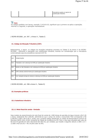 ( RICMS-SP/2000 , art. 597 , e Anexo V , Tabela I)
mercadoria sujeita ao regime de
substituição tributária
Nota
Os códigos grafados com barras, exemplo: 5.415/6.415, significam que o primeiro se aplica a operações
internas e o segundo, a operações interestaduais.
21. Código de Situação Tributária (CST)
Relacionamos, a seguir, os códigos de situações tributárias previstos na Tabela II do Anexo V do RICMS-
SP/2000 , referentes a operações com substituição tributária, levando em consideração que a mercadoria
comercializada seja de procedência nacional (CST 0).
( RICMS-SP/2000 , art. 598 e Anexo V , Tabela II)
CST TRIBUTAÇÃO
010 Tributada e com cobrança do ICMS por substituição tributária
030 Isenta ou não tributada e com cobrança do ICMS por substituição tributária
060 ICMS cobrado anteriormente por substituição tributária
070 Com redução de base de cálculo e cobrança do ICMS por substituição tributária
22. Exemplos práticos
22.1 Substituto tributário
22.1.1 Nota fiscal de venda - Emissão
Veja modelo de preenchimento de nota fiscal de venda de 1.000 dúzias de garrafas de água mineral a R$ 5,36
a dúzia, totalizando R$ 5.360,00, admitindo-se que o preço de venda a consumidor final corresponda a R$
6.360,00 (1.000 x R$ 6,36) e, ainda, que o produto esteja classificado no código da Nomenclatura Comum do
Mercosul (NCM) 2201.10.00, constante da Tabela de Incidência do IPI (Tipi), e que seja tributado pelo valor de
R$ 0,0119 (garrafa de vidro retornável até 260 ml), por unidade, que resulta o seguinte cálculo (1.000 x 12 =
12.000 x R$ 0,0119) = R$ 142,80 (valor do IPI).
Página 37 de 46
28/05/2012http://www.iobonlineregulatorio.com.br/print/module/print.html?source=printLink
 