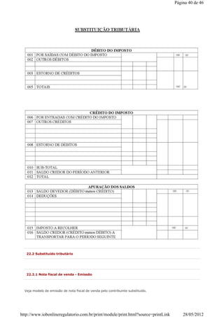 22.2 Substituído tributário
22.2.1 Nota fiscal de venda - Emissão
Veja modelo de emissão de nota fiscal de venda pelo contribuinte substituído.
Página 40 de 46
28/05/2012http://www.iobonlineregulatorio.com.br/print/module/print.html?source=printLink
 
